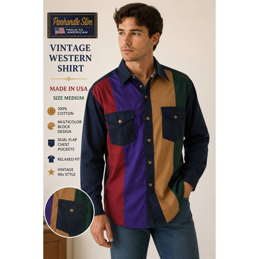 Vintage Panhandle Slim Western Shirt Men's M USA Colorblock Made in USA